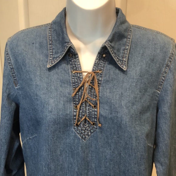 ANN TAYLOR 💯% cotton denim tunic top•front lacing•long sleeve•size 8 - Picture 4 of 17
